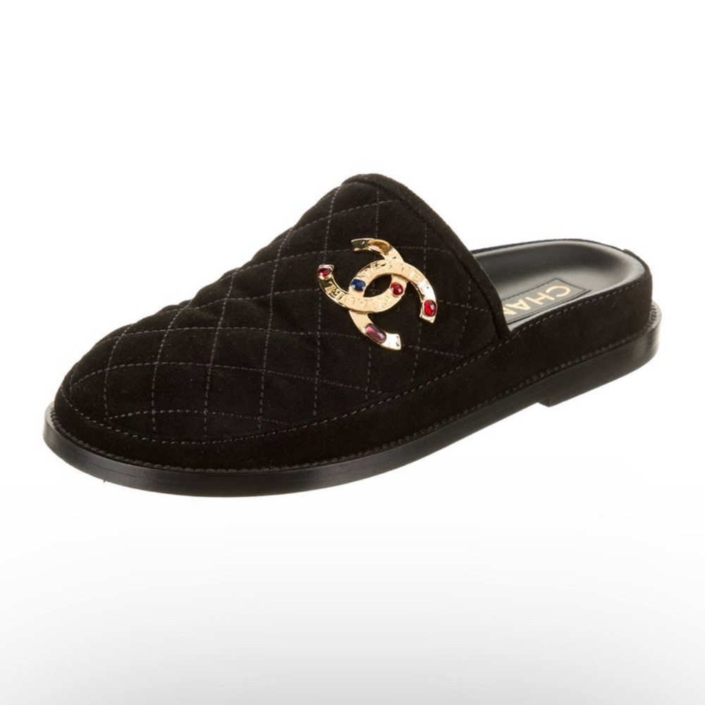 Chanel 2022 Interlocking CC Logo Suede Quilted Mules Women Sz 37.5 NIB